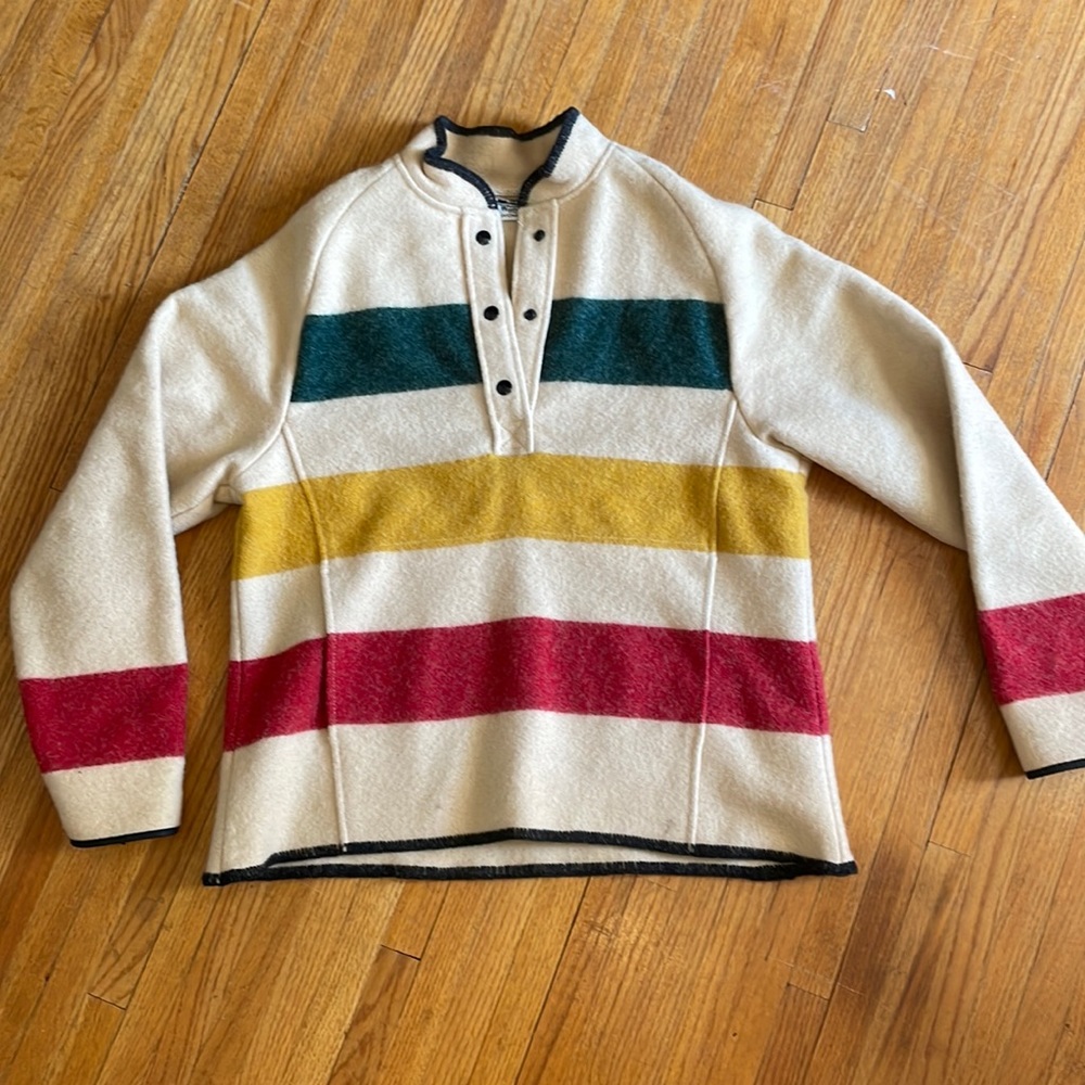 WOOLRICH Classic Hudson Bay Stripe Lambs Wool Snap Neck Sweater Woman L